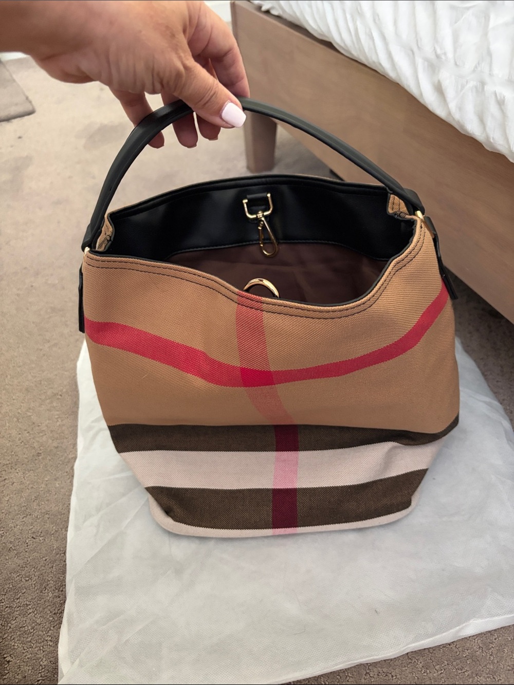 New::: Classic Check Canvas Hobo Bag - Tan & Red